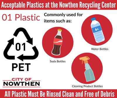The nowthen recycling center accepts plastic number 1, which is used for items like beverage bottles and cleaning solution bottles.