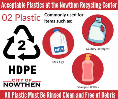 The Nowthen recycling center accepts plastic number two, which is used for products like milk jugs, detergent bottles, and shampoo bottles.